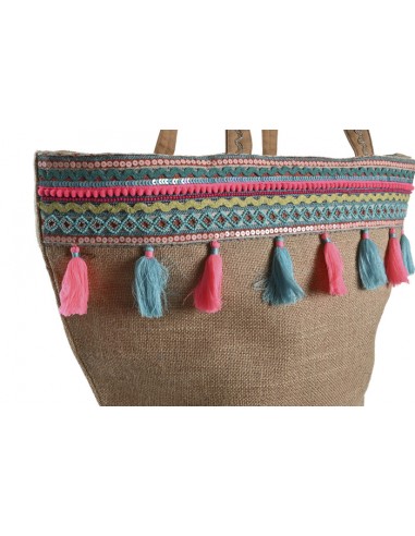 Cesta jute algodón pompones coloridos